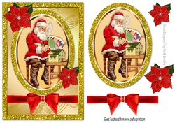 Santa in his workshop with bow and holly card front A5