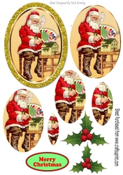 Santa in his workshop with holly in gold glitter oval pyramids