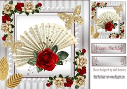 Beautiful Script Fan with red roses & butterflies 8x8