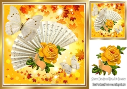 Pretty Yellow vintage rose & scroll on a fan with script & butterflies 8x8