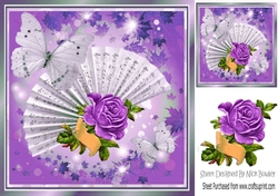 Pretty purple vintage rose & scroll on a fan with script & butterflies 8x8