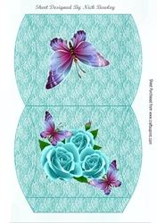 Pretty turq roses with purple butterflies on lace pillow box