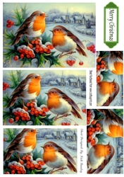 two lovely little robins with a snow village pyramids