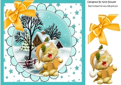 lovely snow scene with cottage, stars and kitten gold bow 8x8 card front