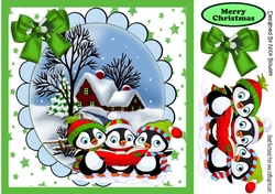 A Trio of Carol singing penguins with snow scene (Green) 8x8