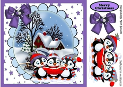 A Trio of Carol singing penguins with snow scene (Purple) 8x8