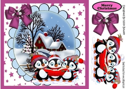 A Trio of Carol singing penguins with snow scene (Pink) 8x8