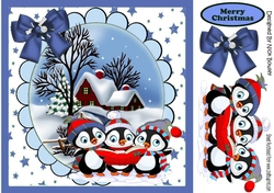 A Trio of Carol singing penguins with snow scene (Blue) 8x8