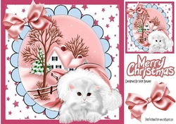 White Fluffy Kitten in santa hat with pink bow 8x8