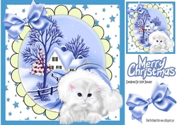 White Fluffy Kitten in santa hat with blue bow 8x8
