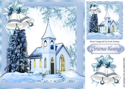 Christmas Blessings with church & blue bells 8x8