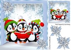 Cute carol singing trio of penguins with snowflakes 8x8