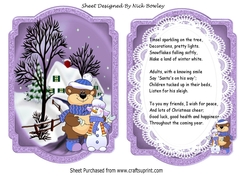 Christmas snow scene bear & snowman purple bracket card/verse