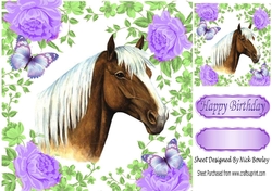 Pretty palomino Horse with purple roses & butterflies 8x8