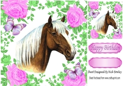 Pretty palomino Horse with cerise roses & butterflies 8x8
