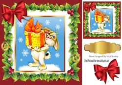 Lovely vintage bunny carrying a present in holly frame with bow 8x8
