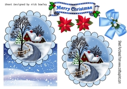 Lovely snow scene with cottage, and bow over the edge
