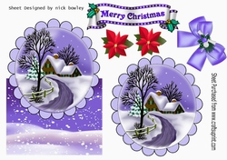 Lovely snow scene with cottage, and lilac bow over the edge