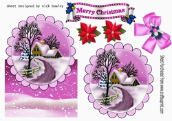 Lovely snow scene with cottage, and pink bow over the edge