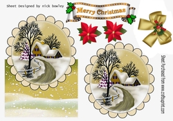 Lovely snow scene with cottage, and gold bow over the edge