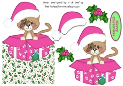 Cute little kitty in a pink santa hat in xmas box with holly over the edge