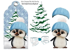 Cute little penguin in blue in snow scene tag with bow