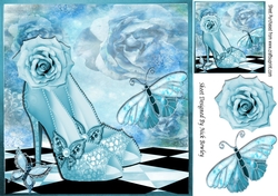 Pretty blue sparkle shoes with roses & butterflies 8x8