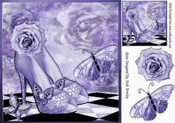 Pretty purple sparkle shoes with roses & butterflies 8x8