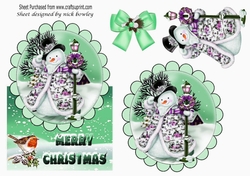 jolly snowman with robin in the snow over the edge with green bow