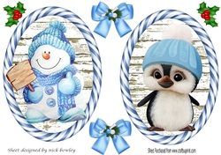 Two lovely christmas toppers/card fronts of a cute snowman & penguin