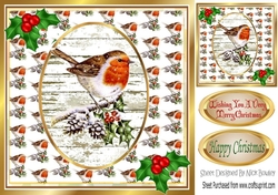 lovely robin on a branch with holly 8x8