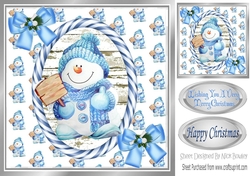 Cute snowman in knitted hat with bows 8x8