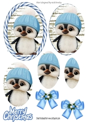 Cute penguin in blue candy stripe frame oval pyramids