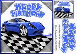 Blue sports car in chequered effect frame 8x8