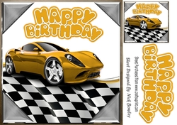 gold sports car in chequered effect frame 8x8