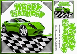 Green sports car in chequered effect frame 8x8