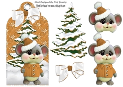 Cute little mouse with christmas tree on a tag in gold
