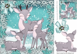 Lovely family of reindeers in the snow with turq bow 8x8