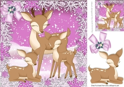 Lovely family of reindeers in the snow with pink bow 8x8