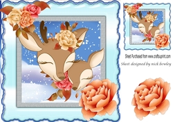 Cute reindeer heads with corner roses & snow 8x8