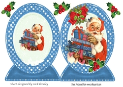 Lovely cut and fold of a vintage santa with red bow blue frame