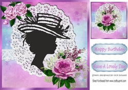 silhouette lady in hat with rainbow and lace with pink roses frame 8x8