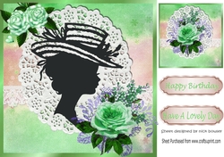 silhouette lady in hat with rainbow and lace with green roses frame 8x8