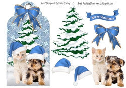 Cute kitten & Puppy in blue santa hats in the snow on a tag