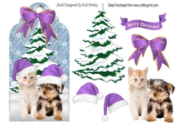 Cute kitten & Puppy in purple santa hats in the snow on a tag