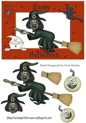 Grey witchy on a broomstick with pumpkins A5