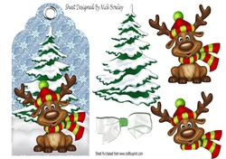 Cute reindeer in wooly hat & scarf on a tag