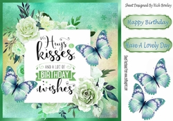 Hugs & Kisses Birthday wishes with butterflies & cream roses 8x8