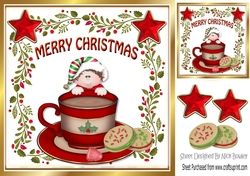 Santas little elf with red stars & cookies in a teacup 8x8