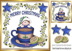 Santas little elf with blue stars & cookies in a teacup 8x8